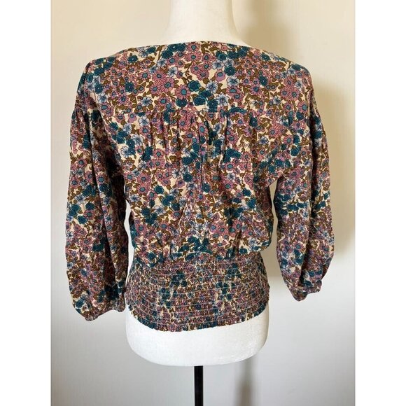 ANTHROPOLOGIE MAEVE Odette Smocked Blouse Size Small Floral 3/4 Sleeve V-Neck - Picture 9 of 10